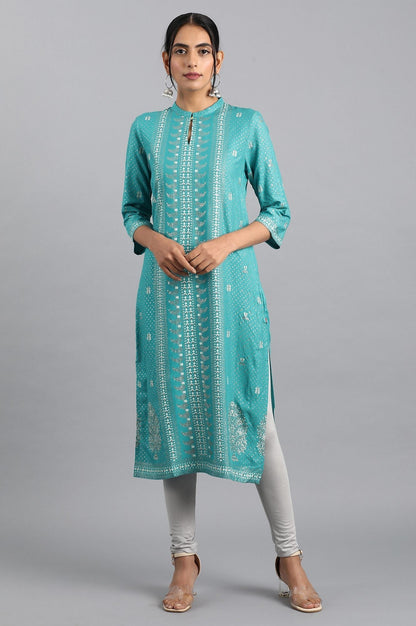 W for Woman Blue Glitter Print kurta in Keyhole Neckline