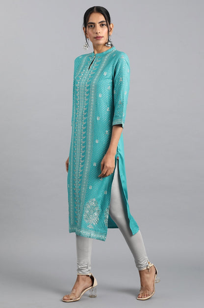 W for Woman Blue Glitter Print kurta in Keyhole Neckline