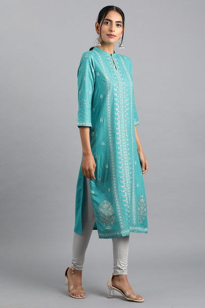 W for Woman Blue Glitter Print kurta in Keyhole Neckline