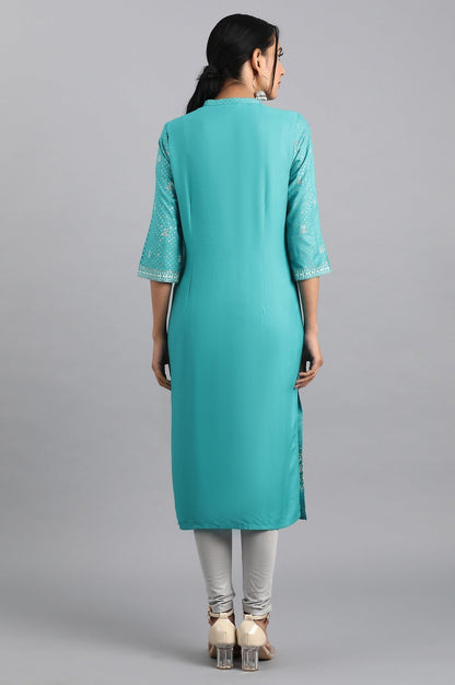 W for Woman Blue Glitter Print kurta in Keyhole Neckline