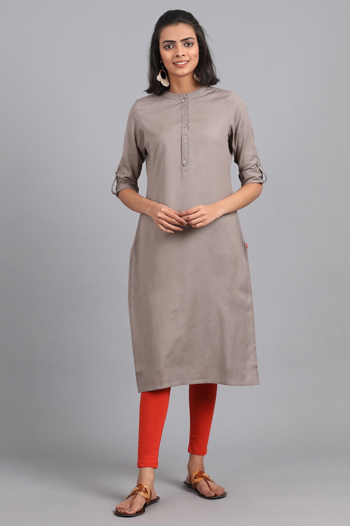 W for Woman Grey Round Neck Solid kurta