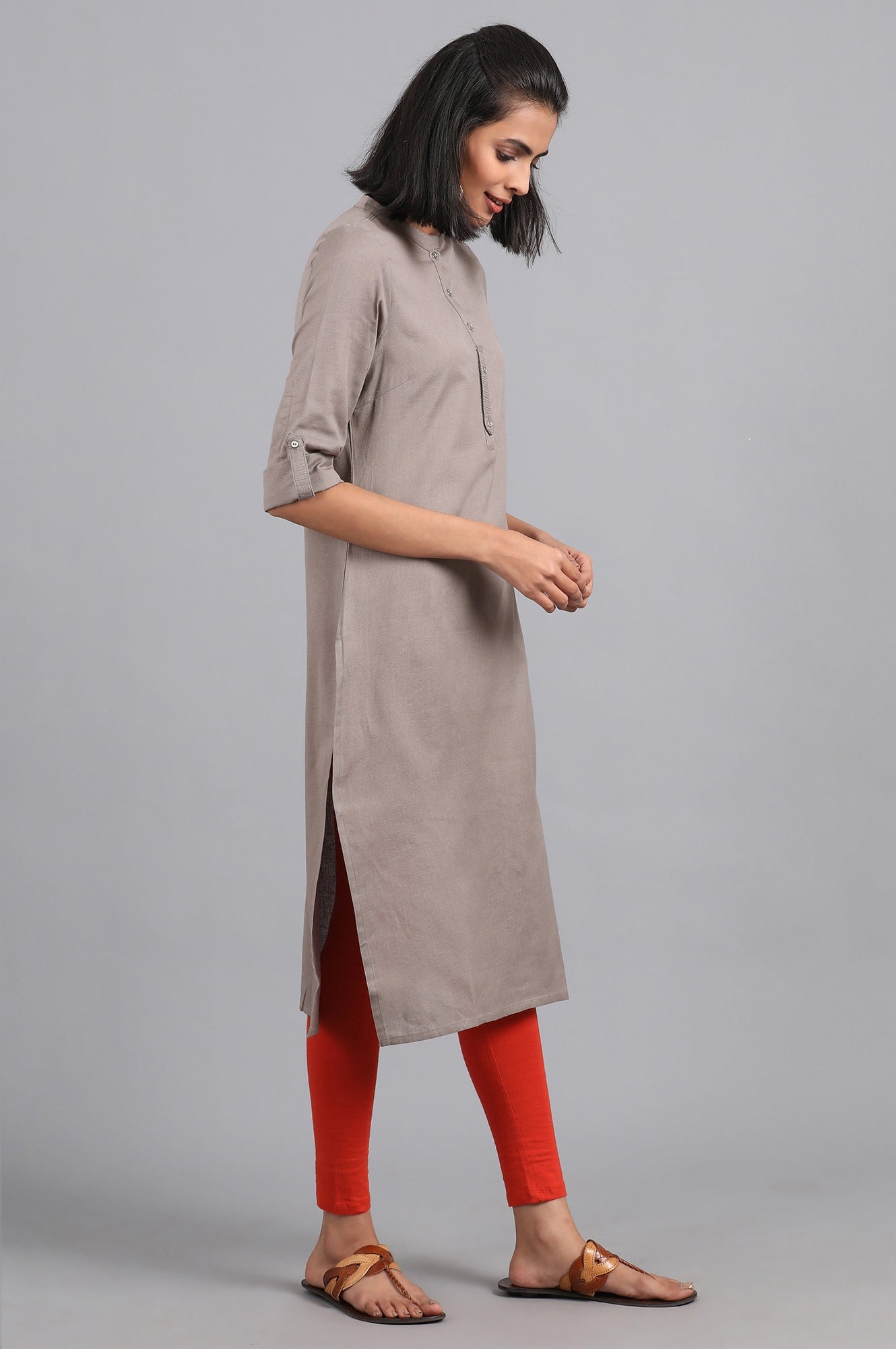 W for Woman Grey Round Neck Solid kurta