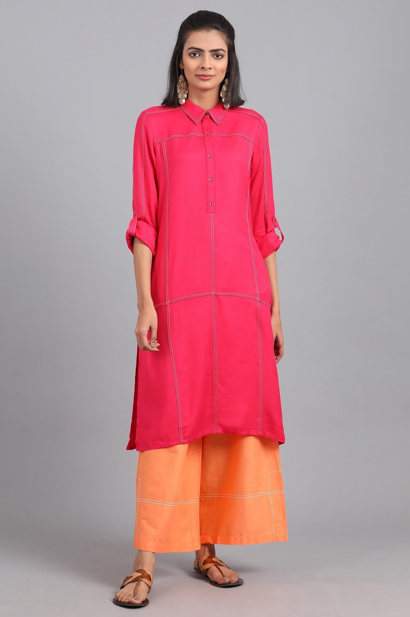 W for Woman Orange Shirt Collar Solid kurta