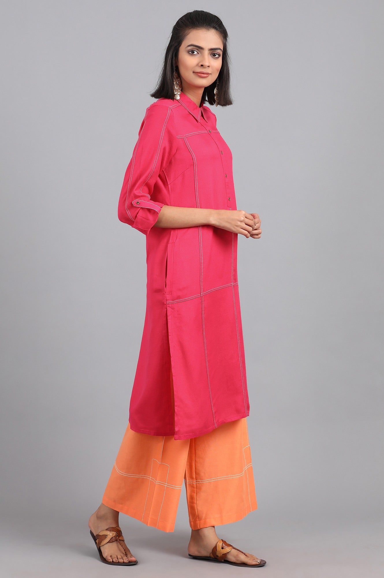 W for Woman Orange Shirt Collar Solid kurta