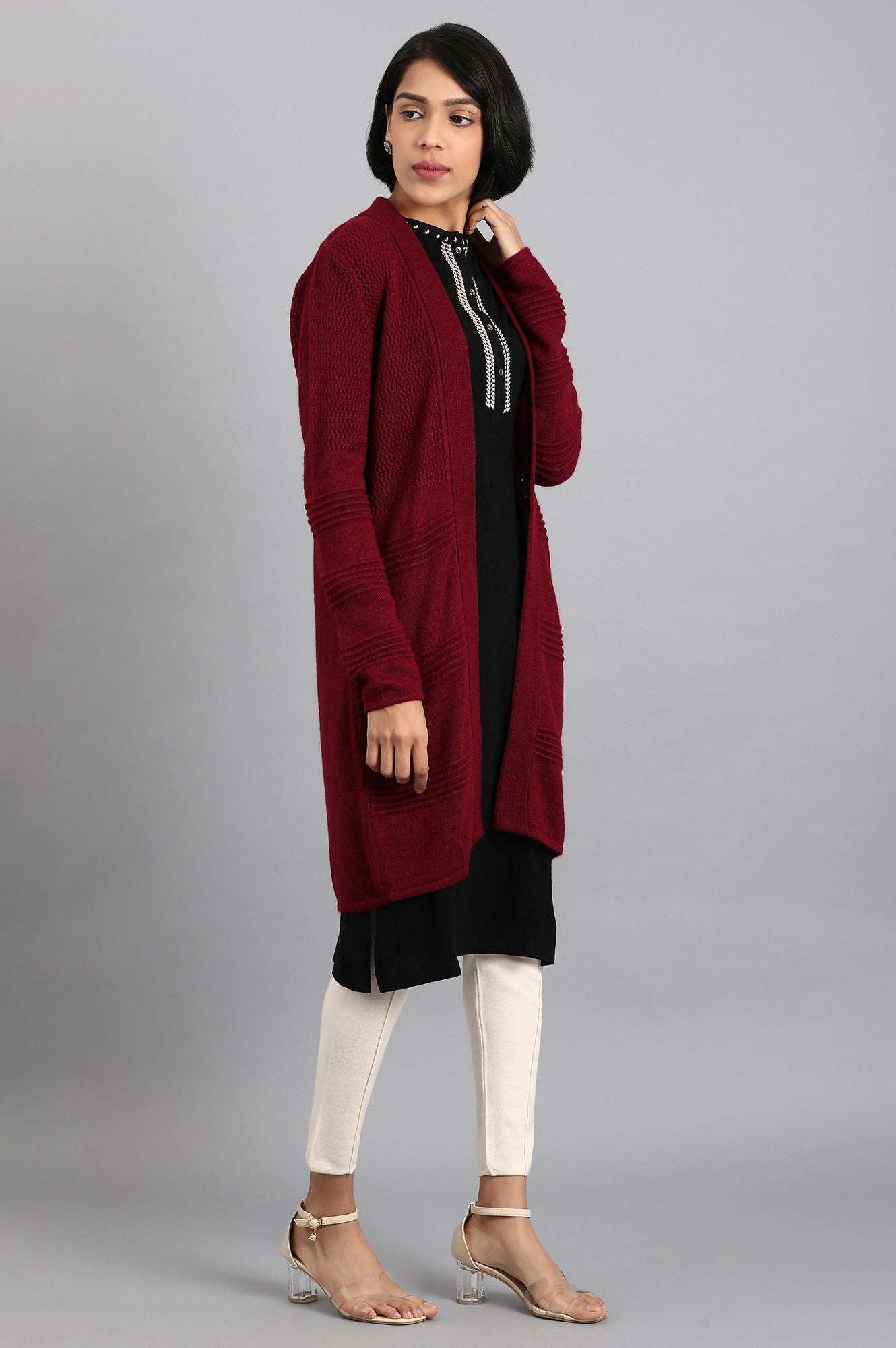 W for Woman Maroon Knitted Cardigan