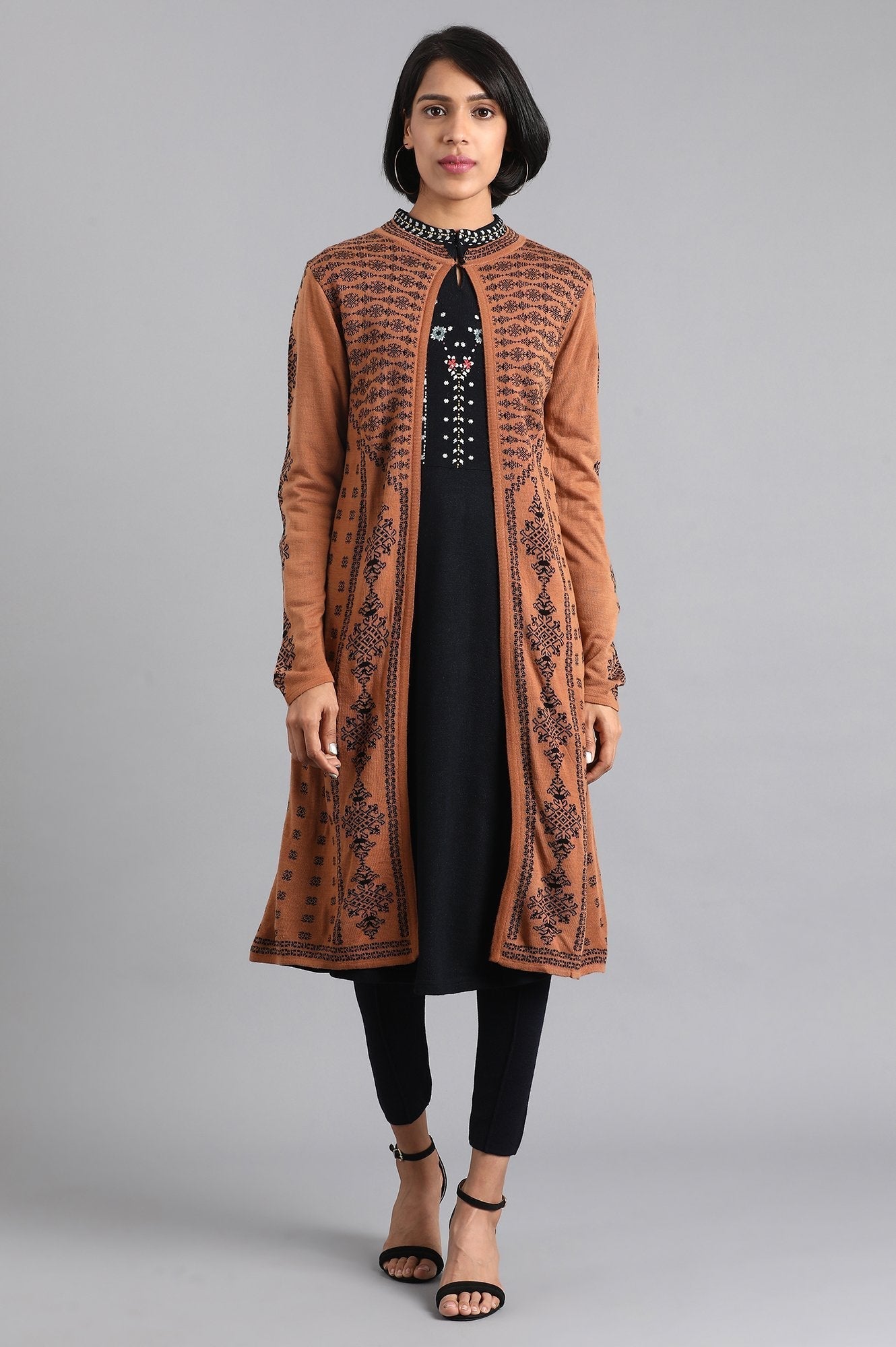 W for Woman Brown Jacquard Reversible Cardigan