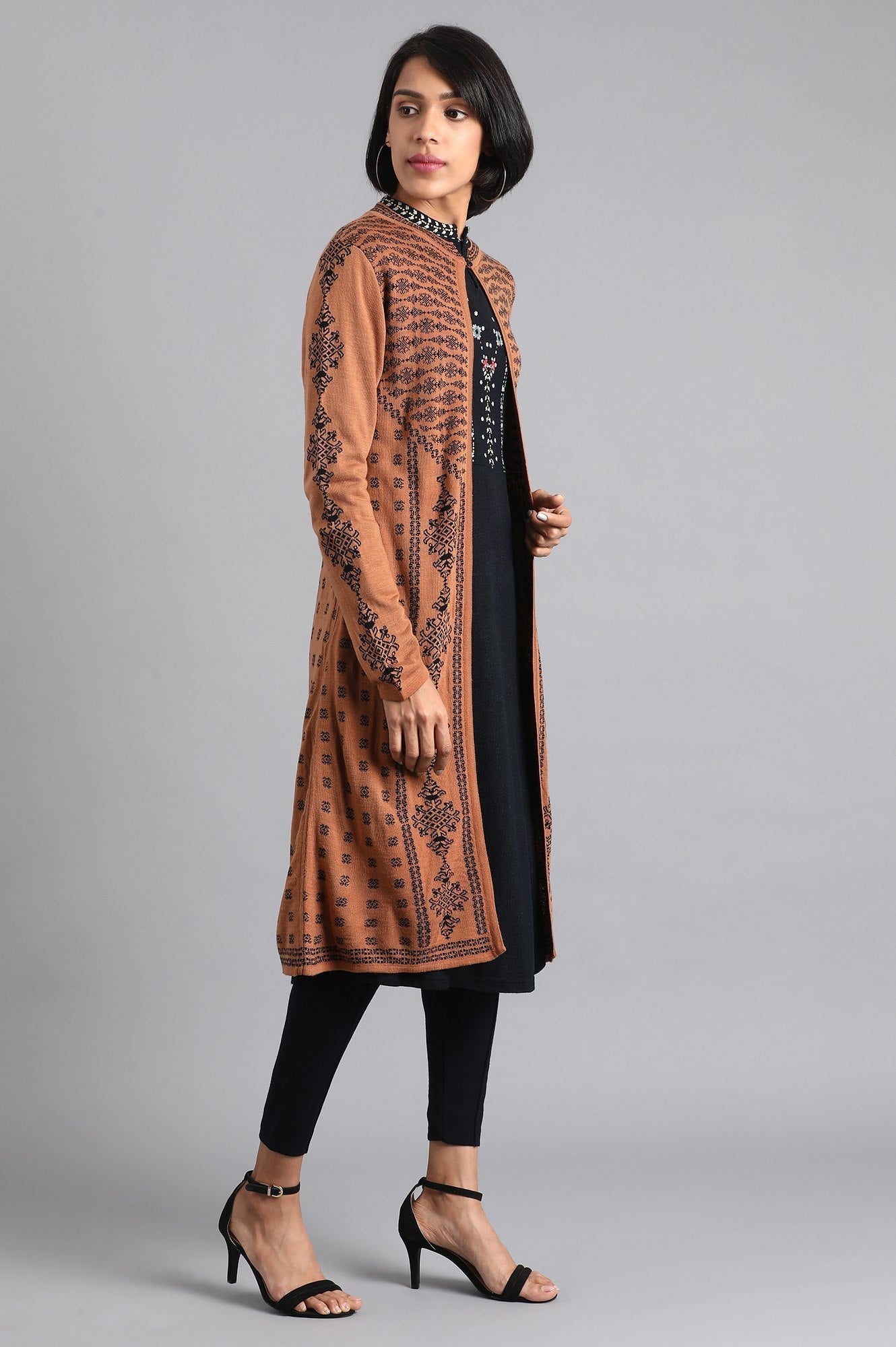 W for Woman Brown Jacquard Reversible Cardigan
