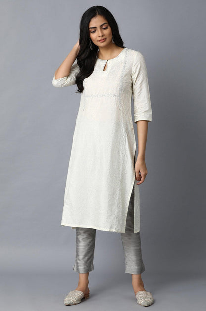 W for Woman White Glitter Print kurta with Zari Embroidery