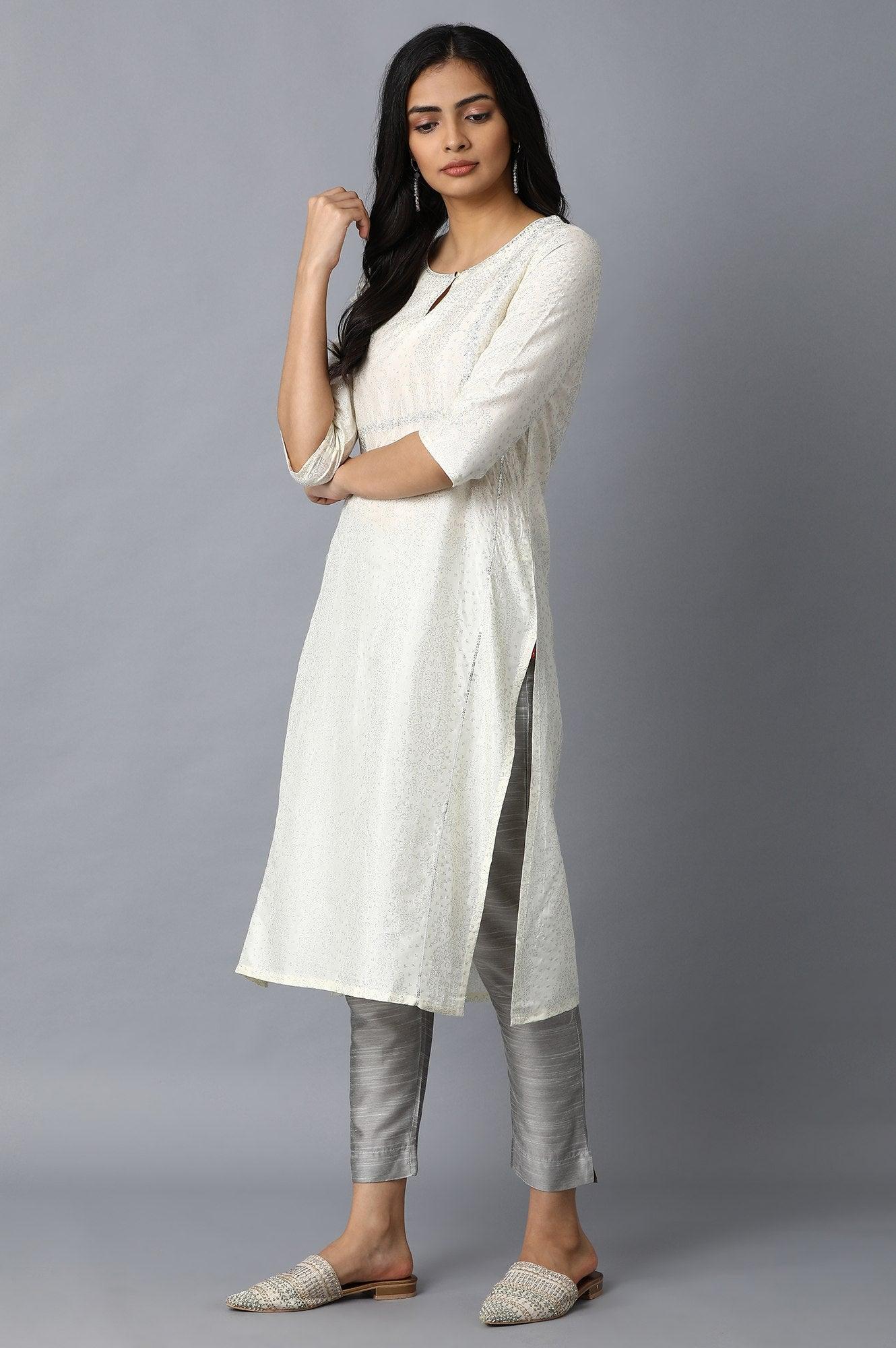 W for Woman White Glitter Print kurta with Zari Embroidery
