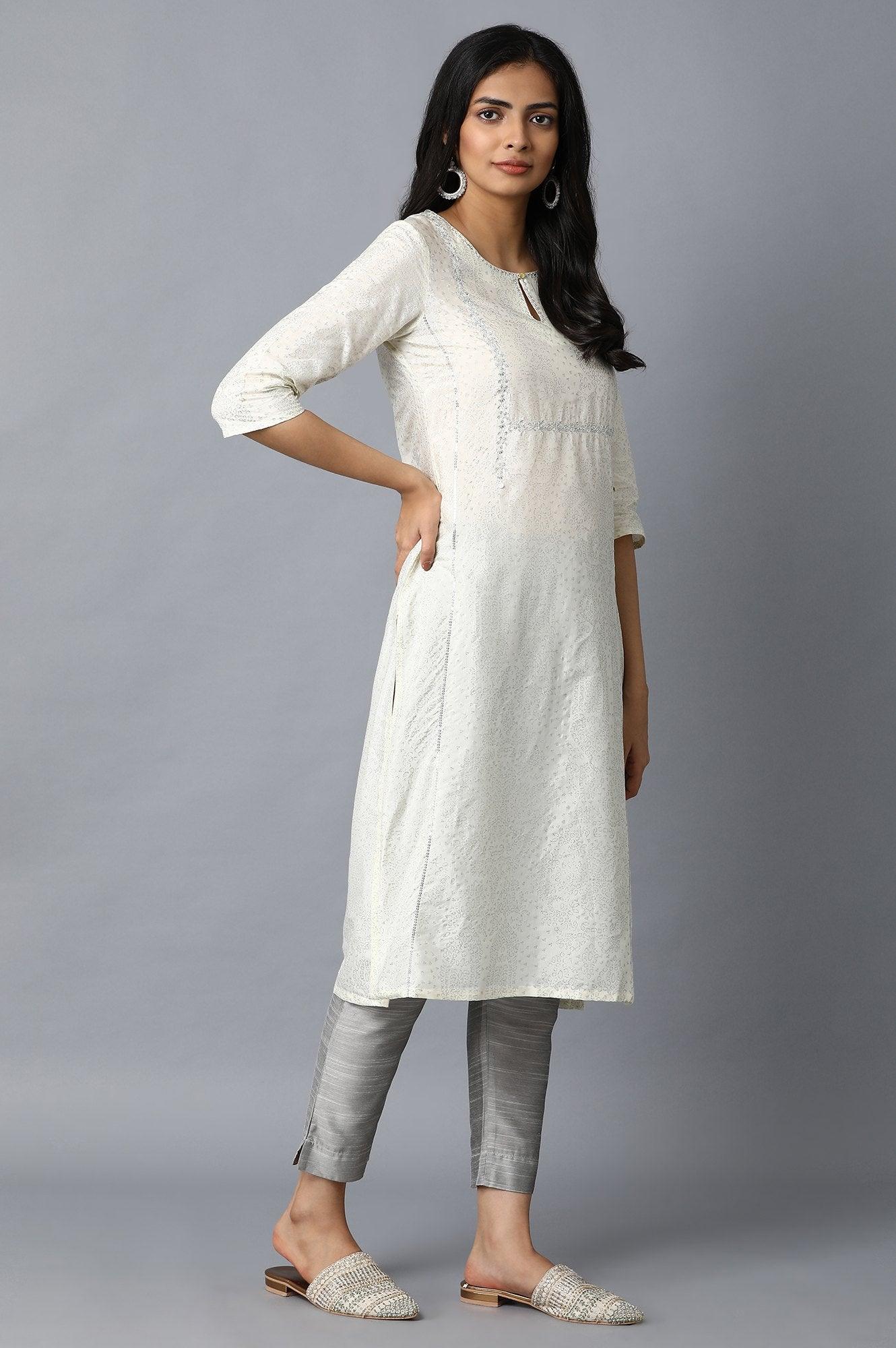 W for Woman White Glitter Print kurta with Zari Embroidery