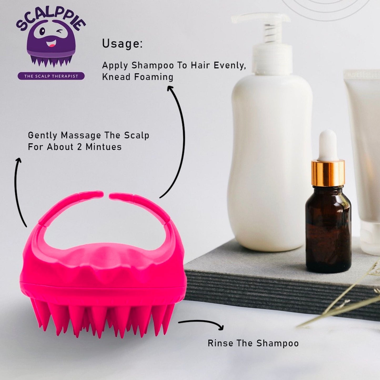 Scalppie Silicon Hair Scalp Massager & Shampoo Brush Scrub For Hair Growth & Anti Dandruff - Pink