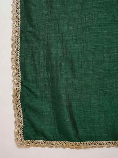 The52 Women's Beautiful Embroidery Work Vichitra Silk Fabric Flared Kurta Pant and Dupatta Set-Green