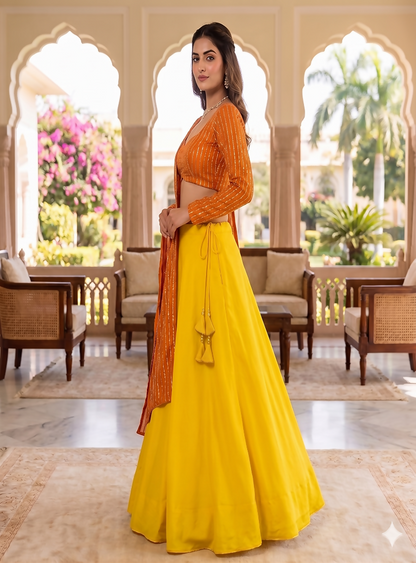 Teeya Creation Women's New Orange Designer Lehenga Choli Set with Sequin Embroidery Work