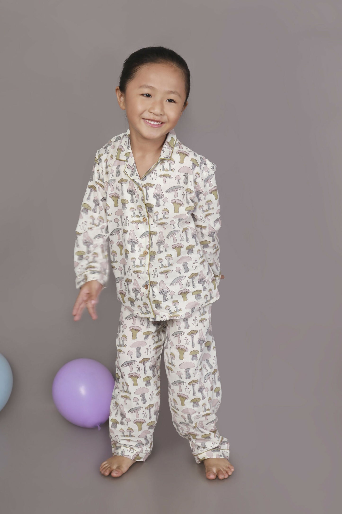 Breathables Kids Cotton White Mushroom Print Shirt & Pyjama Boys & Girls Night Suit