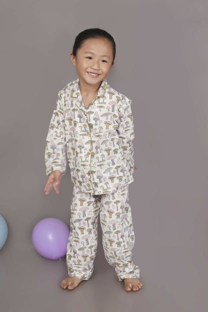Breathables Kids Cotton White Mushroom Print Shirt & Pyjama Boys & Girls Night Suit
