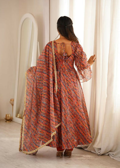 Teeya Creation Women's Multicolour Printed Ethnic Gown with Bell Sleeves and Designer Dupatta