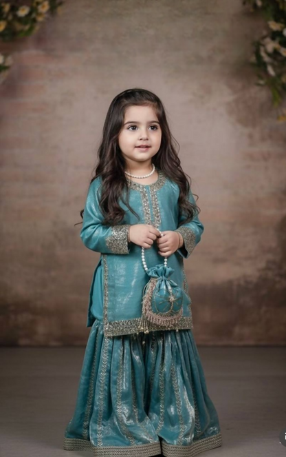 Teeya Creation New Kids Latest Trendy Kurta Sharara Set-Turquoise