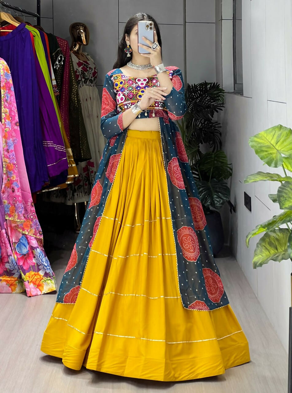 Yash Enterprise Mustard Rama Rayon Cotton Embroidery Semi Stitched Navratri Chaniya Choli