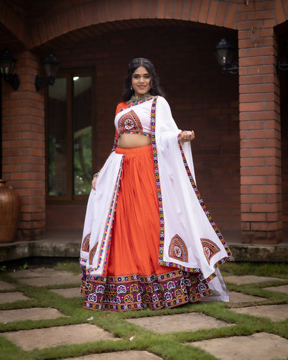 Yash Enterprise Orange White Rayon Cotton Embroidery Semi Stitched Navratri Top Chaniya Choli
