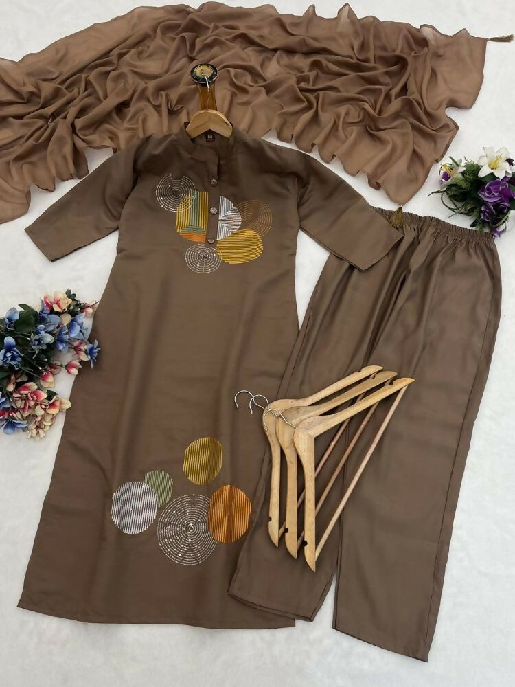 Teeya Creation Women Brown Geometric Embroidered Straight Kurta with Pants and Dupatta Set