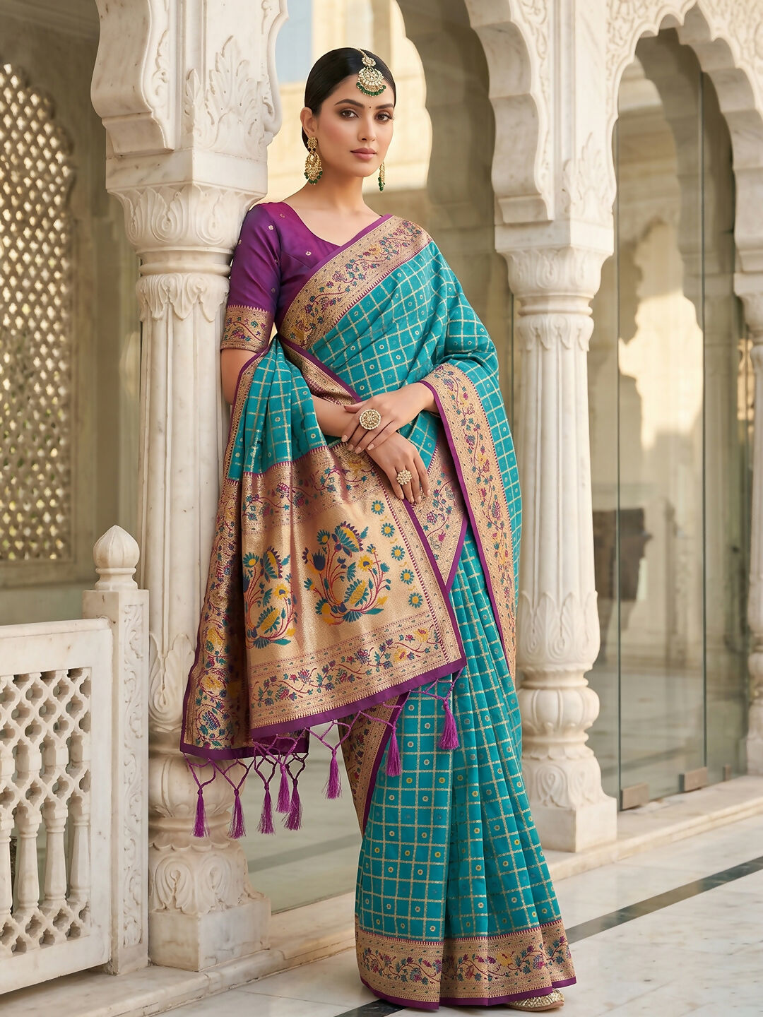 Shree Shyam Fashion Turquoise Banarasi Silk Blend Saree