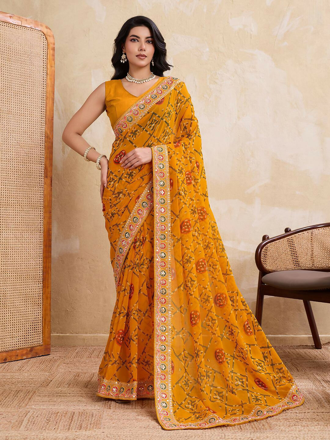 Teeya Creation Womens Stylish Simply Wedding Wear Georgette Saree-Yellow