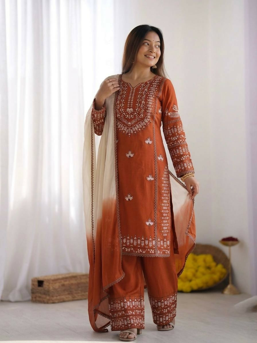 Teeya Creation Womens Trendy Stylish Embroidery Thread Work Orange Kurta Set