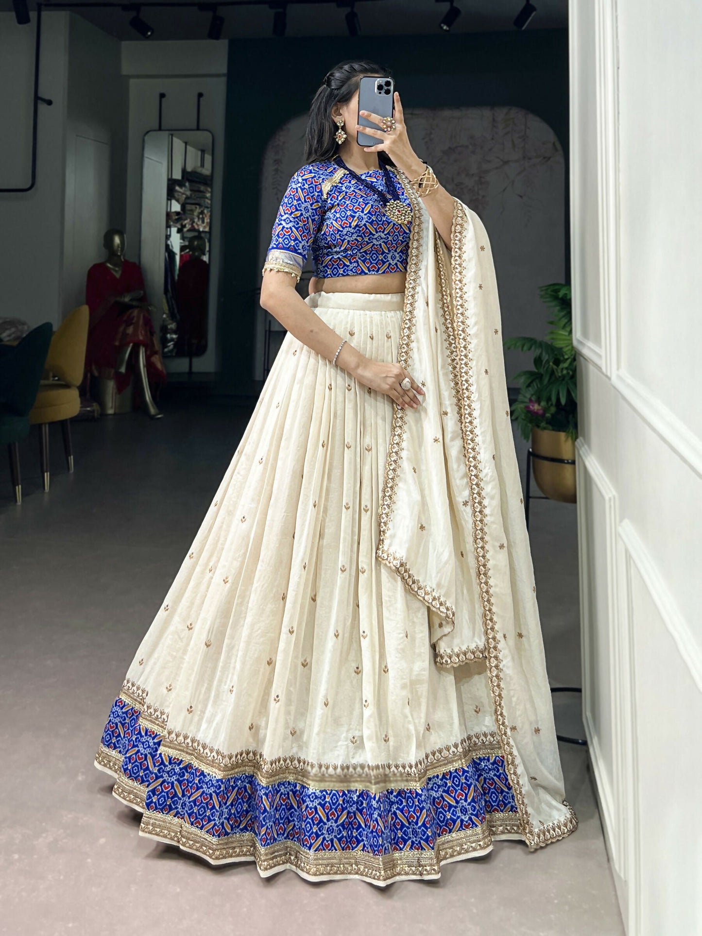 Lorenvalley Fashion White Vichitra Silk Sequins and Thread Embroidery Work Lehenga Choli with Dupatta