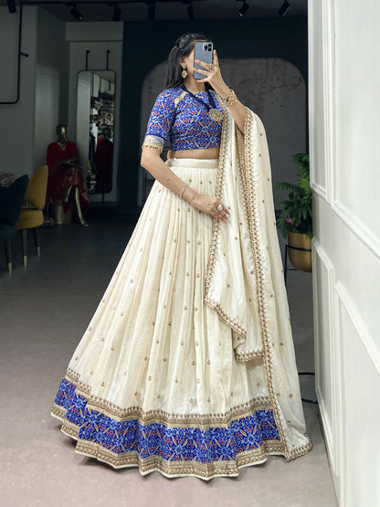 Lorenvalley Fashion White Vichitra Silk Sequins and Thread Embroidery Work Lehenga Choli with Dupatta