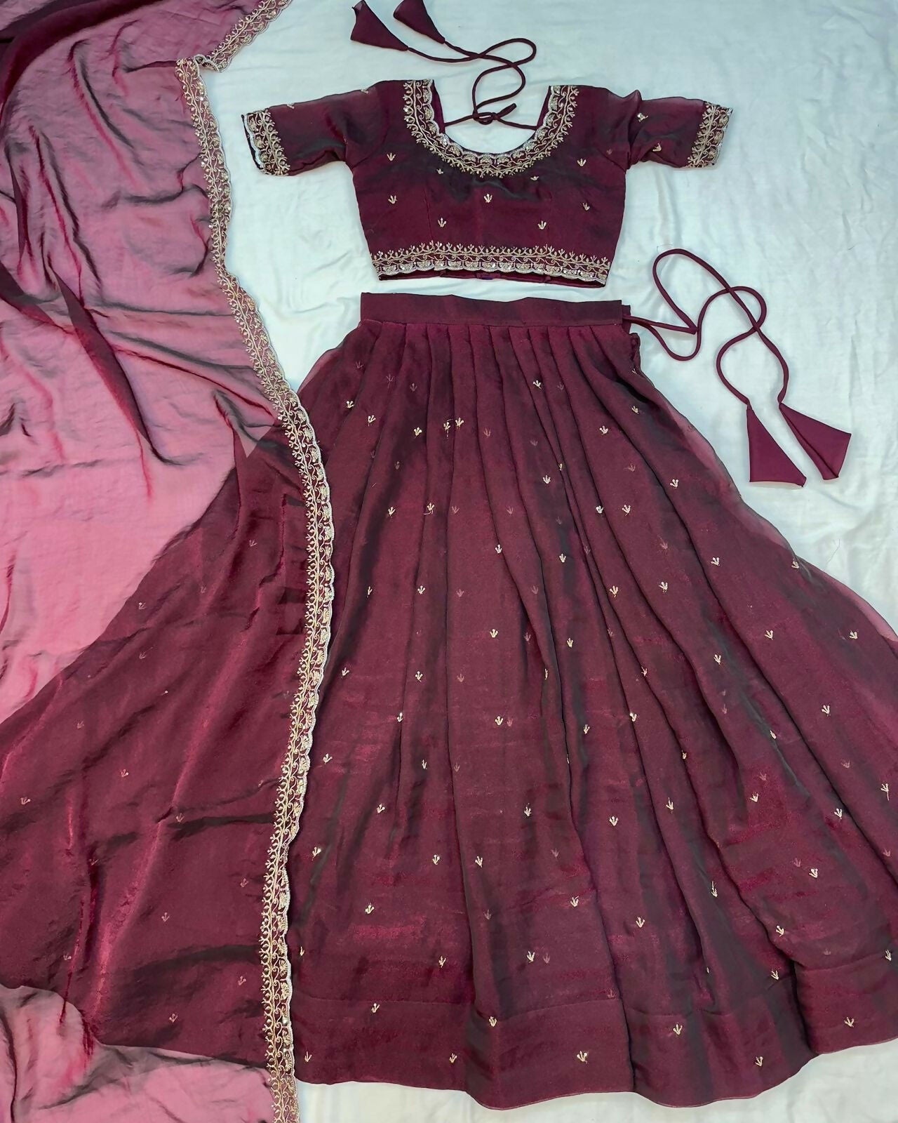 Teeya Creation Womens New Trendy Radiant Wine Hand-Embroidered Silk Lehenga Choli Set