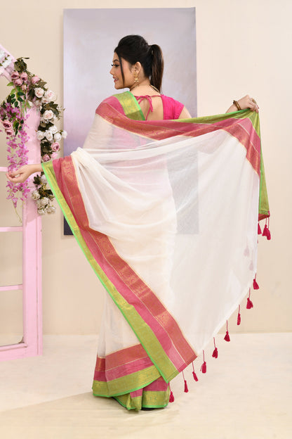 Piyari Fashion Women's Off White Embellished Zari Border Cotton Saree