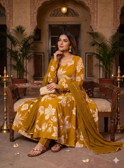 Teeya Creation Mustard Yellow Floral Printed Anarkali Kurta With Pant And Dupatta