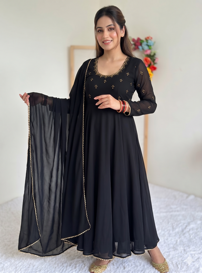 Teeya Creation New Party Wear Look Gerorrget Gown With Pant Dupatta Set - Black