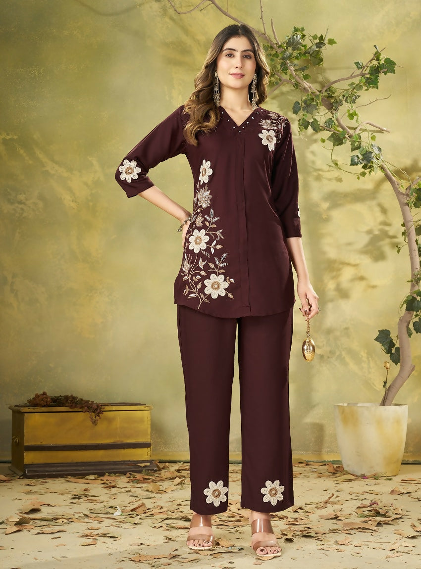 Teeya Creation Women Coffee Brown Embroidered Tunic & Pant Co-Ord Set