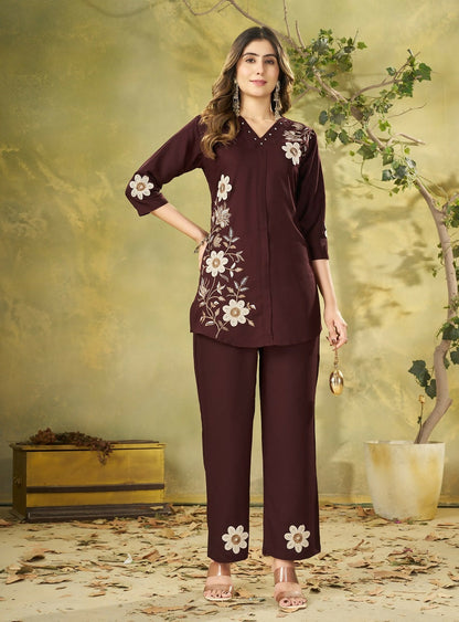 Teeya Creation Women Coffee Brown Embroidered Tunic & Pant Co-Ord Set