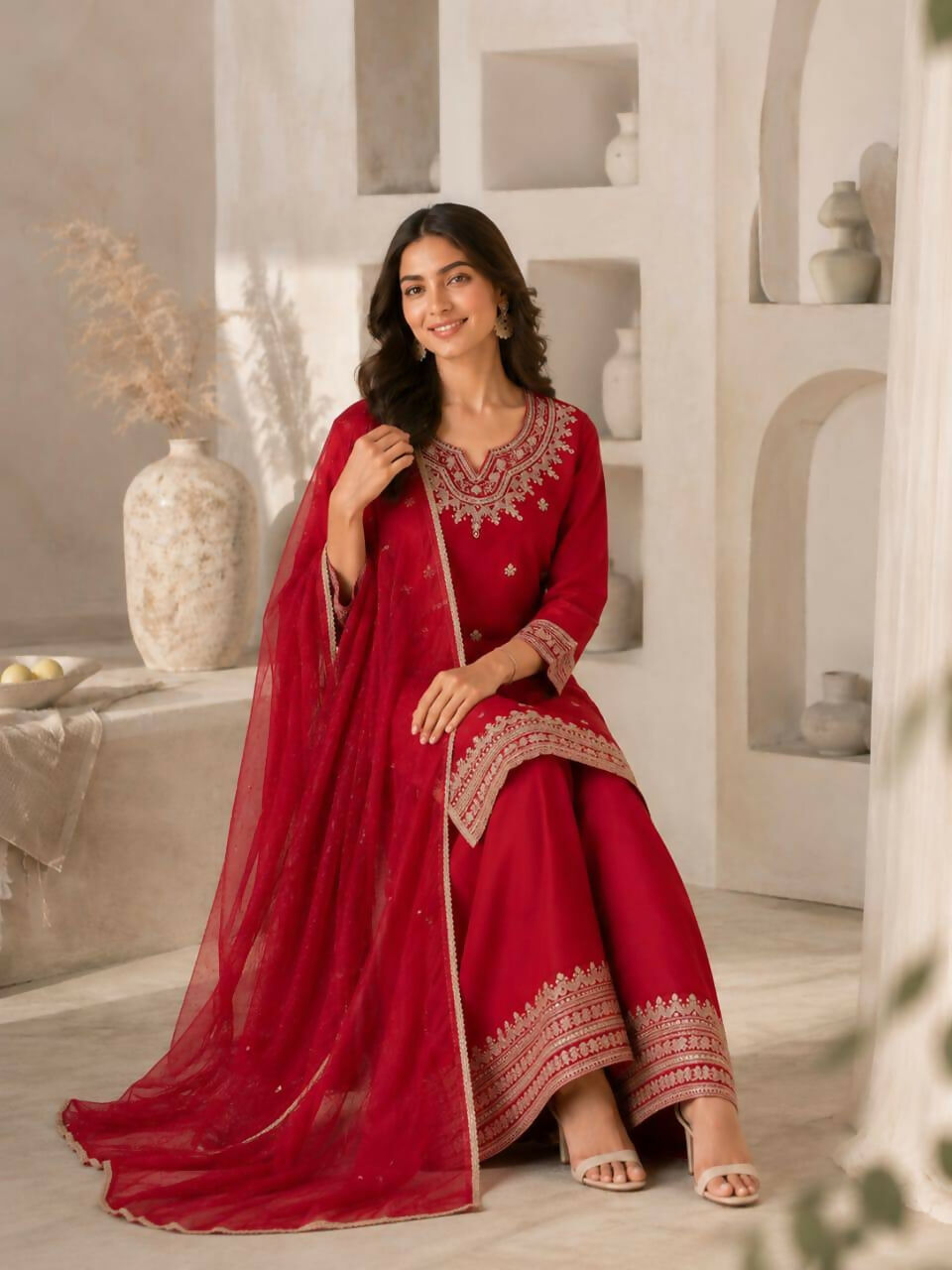Teeya Creation Festive Red Silk Party Wear Kurti Pant Set With Elegant Zari Work