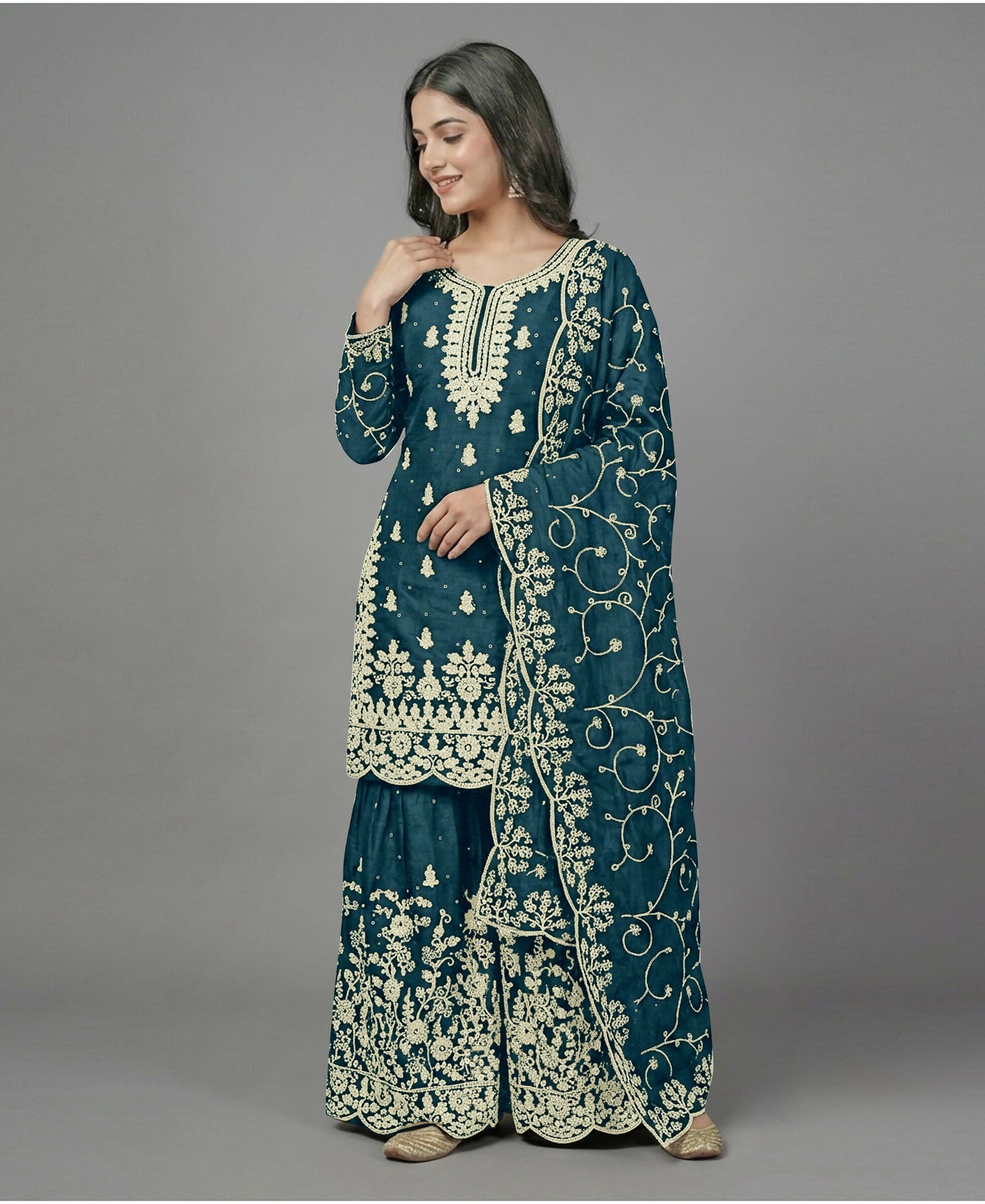 Teeya Creation Womens New Trendy Pure Gmy Silk With Heavy Embroidery Sequence Work Teal Kurta Set