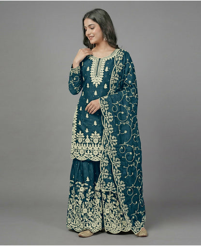 Teeya Creation Womens New Trendy Pure Gmy Silk With Heavy Embroidery Sequence Work Teal Kurta Set