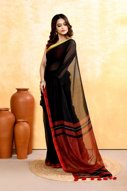 Piyari Fashion Women's Black Embellished Handloom Cotton Saree