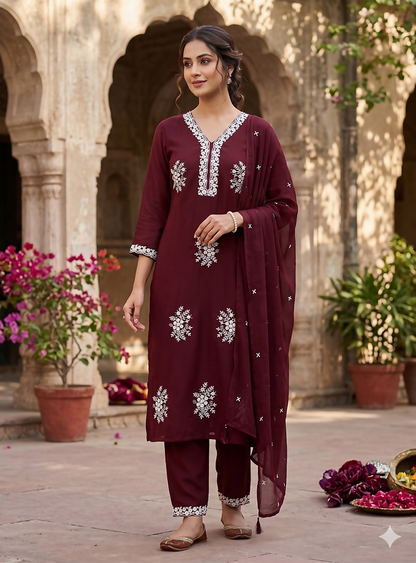 Teeya Creation Vibrant Dark-Maroon Embroidered Kurti with Pant and Dupatta Set