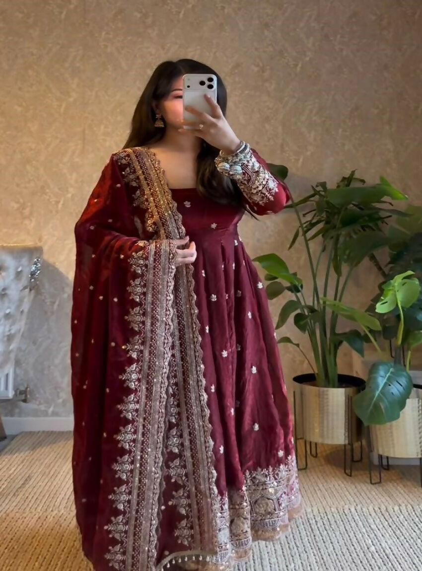 Teeya Creation Dark Maroon Heavily Embroidered Festive Wear Anarkali Salwar Suit