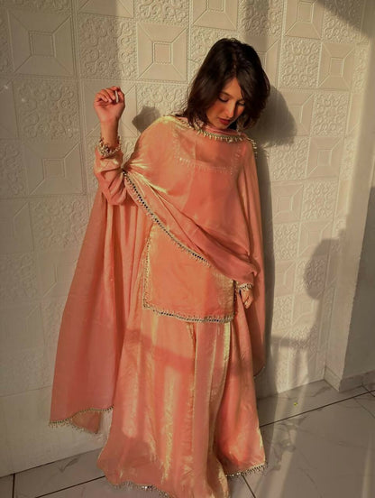 Teeya Creation Womens New Trending Less and Mirror Work Kurta Palazzo Set - Peach