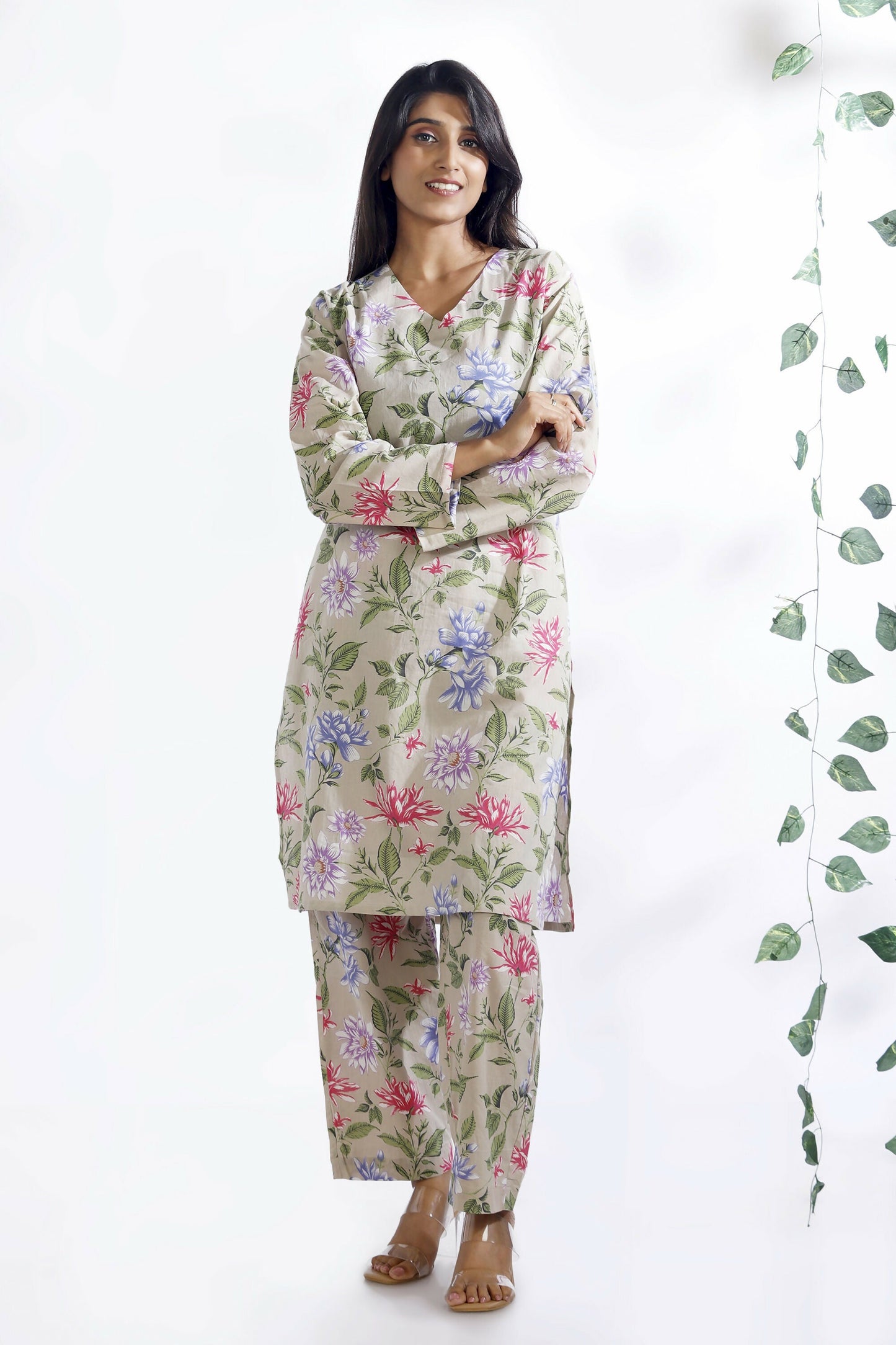 Breathables WomenS Loungewear Long Kurta Co-Ord Set Cotton Cream Floral Print