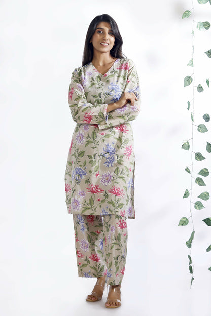 Breathables WomenS Loungewear Long Kurta Co-Ord Set Cotton Cream Floral Print