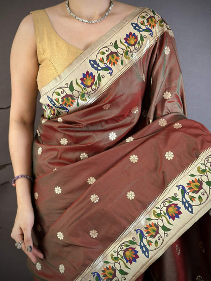 Prime Volt Premium Soft Silk Mayur Paithani Saree with Peacock Meena Weaving & Rich Pallu-Brown