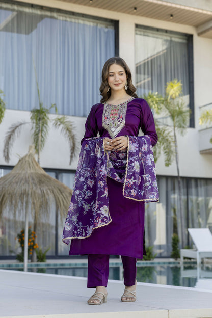 The52 Women's Gorgeous Embroidery Work Chanderi Cotton Fabric Straight Kurta Pant and Dupatta Set-Purple