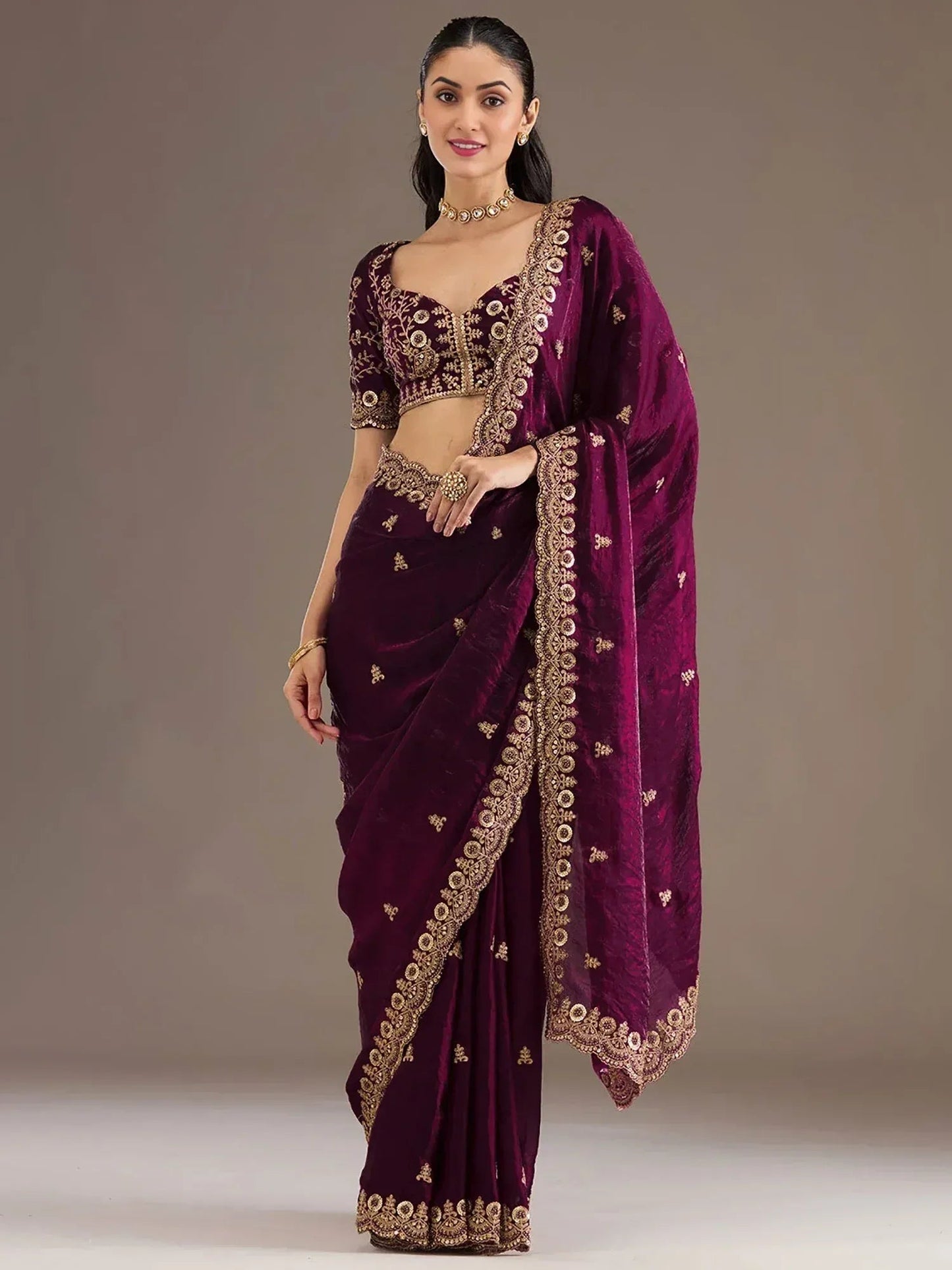 Tulsi Art Stunning Wine Embroidered Silk Reception Wear Saree With Blouse
