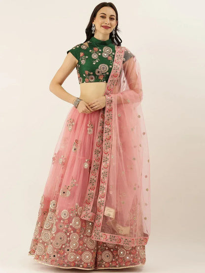 Tulsi Art Peach & Green Embroidered Semi-Stitched Lehenga & Unstitched Blouse With Dupatta