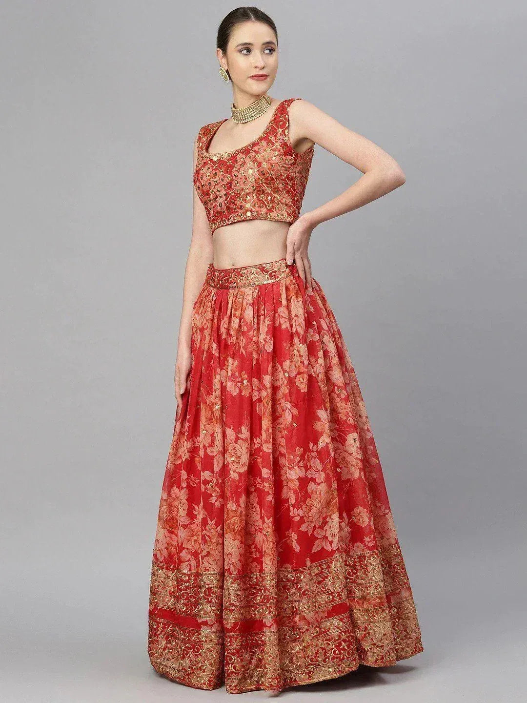 Tulsi Art Red & Gold-Toned Embellished Sequinned Semi-Stitched Myntra Lehenga & Unstitched Blouse