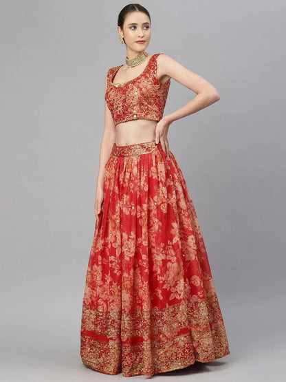 Tulsi Art Red & Gold-Toned Embellished Sequinned Semi-Stitched Myntra Lehenga & Unstitched Blouse